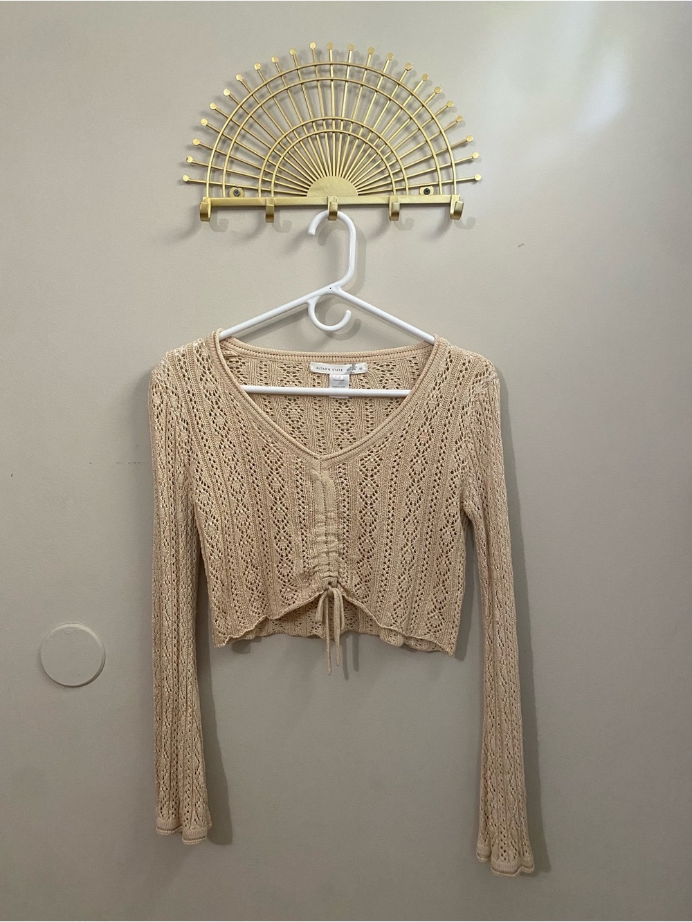 Altar'd State Beige Crochet Drawstring V-Neck Long Sleeve Sweater Crop Top